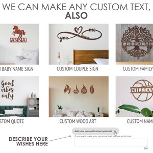 May include: A collage of images showing different custom wood signs. The signs feature various designs, including a horse, an infinity symbol, a tree, a basketball, and a quote. The text "We can make any custom text, also" is at the top of the image. The text "Describe your wishes here" is at the bottom of the image.