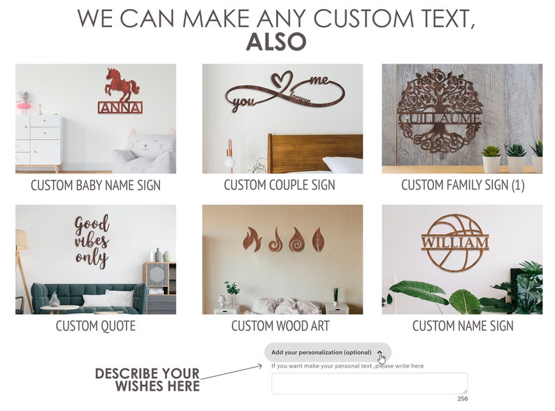 May include: A collage of images showing different custom wood signs. The signs feature various designs, including a horse, an infinity symbol, a tree, a basketball, and a quote. The text "We can make any custom text, also" is at the top of the image. The text "Describe your wishes here" is at the bottom of the image.