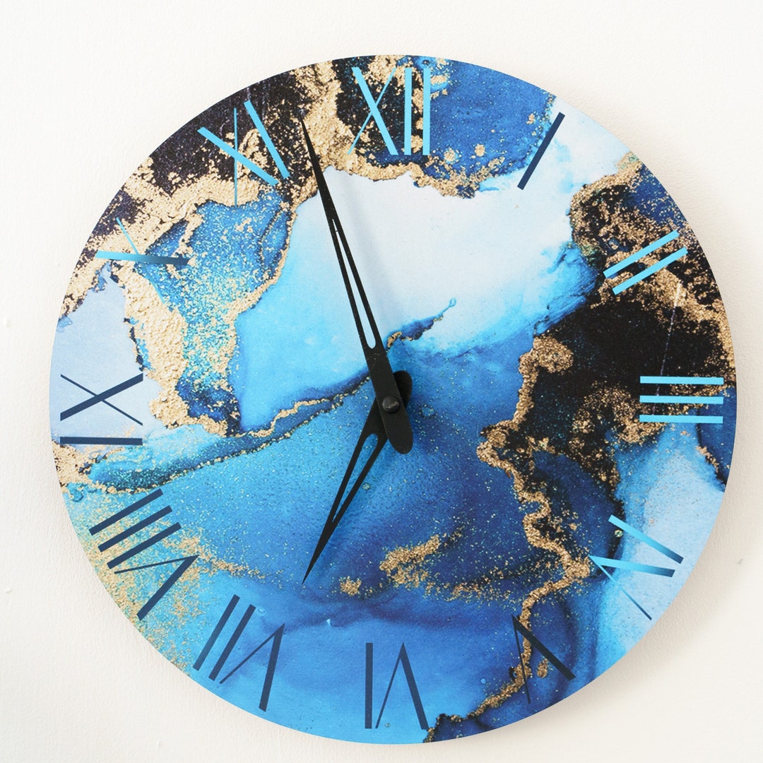 Blue Clocks Wall Blue With Gold Wall Clock Abstract Wall Etsy
