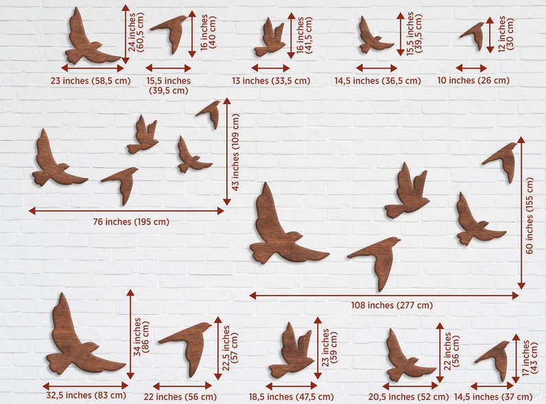 May include: A wall decor set of 14 wooden bird cutouts in various sizes and shapes. The birds are arranged in a staggered pattern on a white brick wall. The largest bird measures 60 inches (155 cm) tall and the smallest bird measures 10 inches (26 cm) wide.