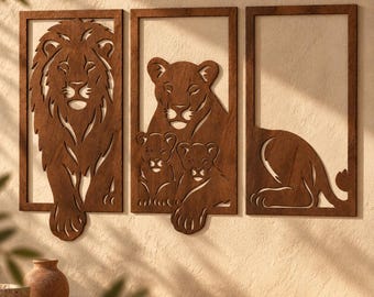 Lion Family Plywood Wall Art, 3 Piece Safari Animal Decor