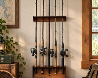 Wooden Fishing Rod Holder Wall Mount, 8 Rod Fishing Pole Rack, Vertical Rod Storage Organizer, Fishing Gear Display, Fisherman Gift