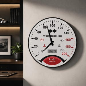 May include: A round wall clock with a black bezel, designed like a speedometer. The white clock face has black numerals and red accents, including the Porsche logo and a digital display showing 365.4. The clock measures speed in kilometers per hour.