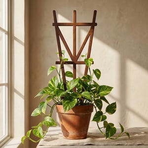 室内植物用支柱、ミニマルなつる性植物用支柱、モンステラ用支柱、モダンな植物装飾、小型鉢用トレリス