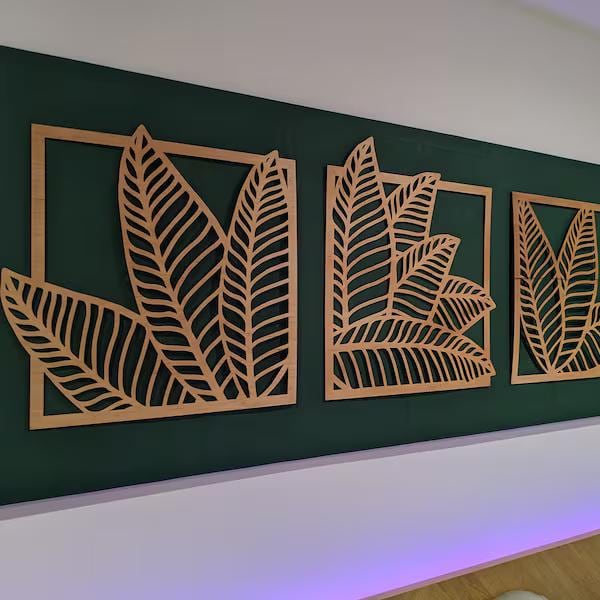 Palm leaf wall art, Leaves wall hanging, Banana leaf wall decor, Wood panel wall art, Set of 3 wall art nature, Boho leaf wall art