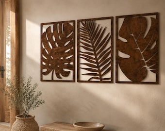 Botanical Wall Art Set of 3, Plywood Wall Panels, Tropical Leaf Decor, Monstera Palm Leaf Wall Art, Rustic Boho Wall Hanging
