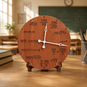 May include: A circular wooden clock with a brown finish, displaying white clock hands and black mathematical equations. The clock is supported by a wooden stand, set against a classroom backdrop.