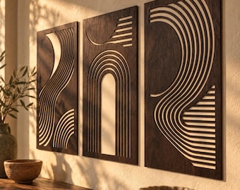 Plywood Wall Art, Set of 3, Geometric Wall Decor, Modern Wall Art, Abstract Wall Panels, Minimalist Boho Decor