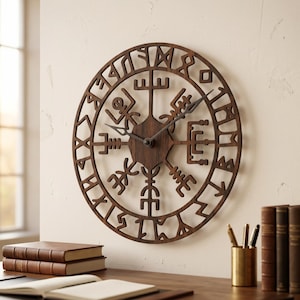 Drewniany zegar ścienny Vegvisir, dekoracja w stylu kompasu wikingów, zegar z runami nordyckimi, skandynawska sztuka ścienna, prezent z mitologii nordyckiej