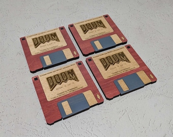 Doom Floppy Disk Coasters Woodgrain Set of Four
