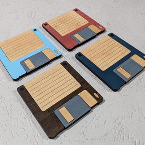 3.5" Floppy Disk Coaster Set Woodgrain - Personalization Available