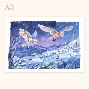 May include: Two white owls soar over a snowy landscape with a small village in the distance. The sky is a deep blue with a crescent moon and stars. The owls are in flight, their wings outstretched. The scene is painted in a watercolour style.