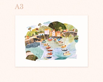 A3 collagetryck med hamnlandskap, illustration