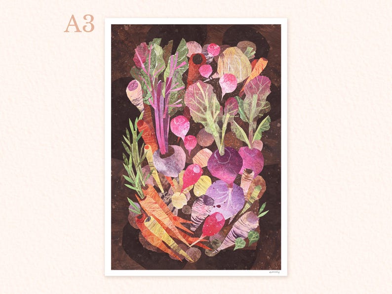 May include: A colourful illustration of a variety of vegetables, including carrots, radishes, turnips, and leafy greens, arranged in a pile on a dark background.