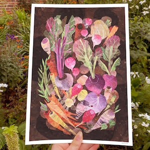 May include: A colorful illustration of a variety of root vegetables, including carrots, turnips, radishes, and beets, arranged in a pile on a dark background.