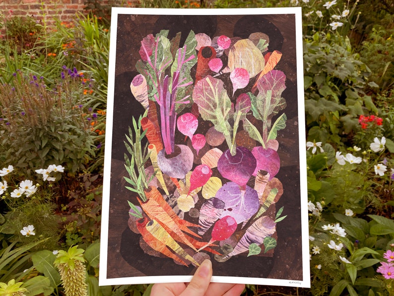 May include: A colorful illustration of a variety of root vegetables, including carrots, turnips, radishes, and beets, arranged in a pile on a dark background.