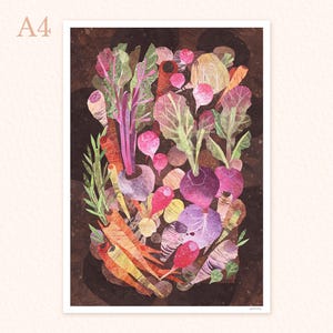 May include: A colorful illustration of a variety of vegetables, including carrots, radishes, turnips, and beets, arranged in a pile. The vegetables are painted in a watercolor style with a dark background.