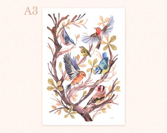 A3 Collaged birds in tree print, Beautiful bird illustration
