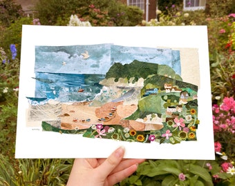 A4 Seaside Print, Collaged Beach Landscape, Beach Illustration