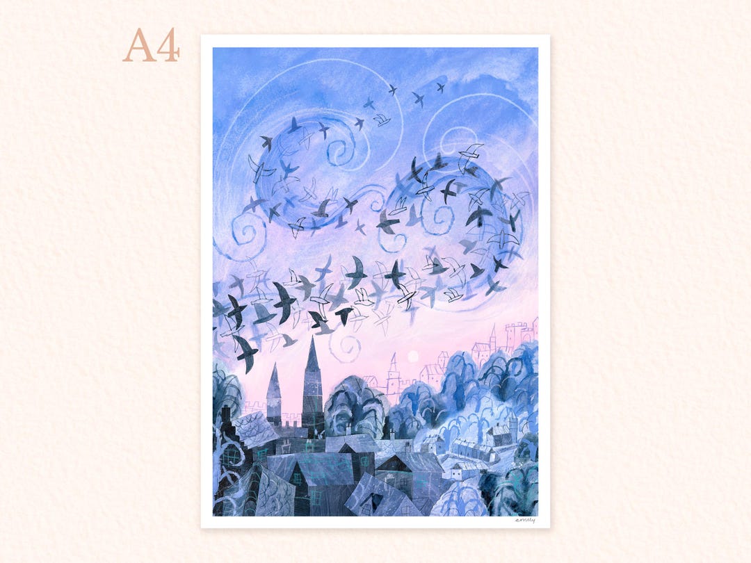 Murmuration Graphics A4 Murmuration Art Print, Collaged Illustration, Flying Birds Above a ...