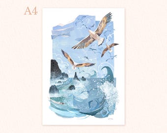 A4 Seagull collage print, Ocean print, Sea illustration