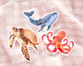 Sea creatures sticker set, Set of 3 collaged vinyl stickers