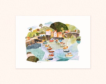 A4 Collaged Harbour Landscape Print, Cute A4 Print