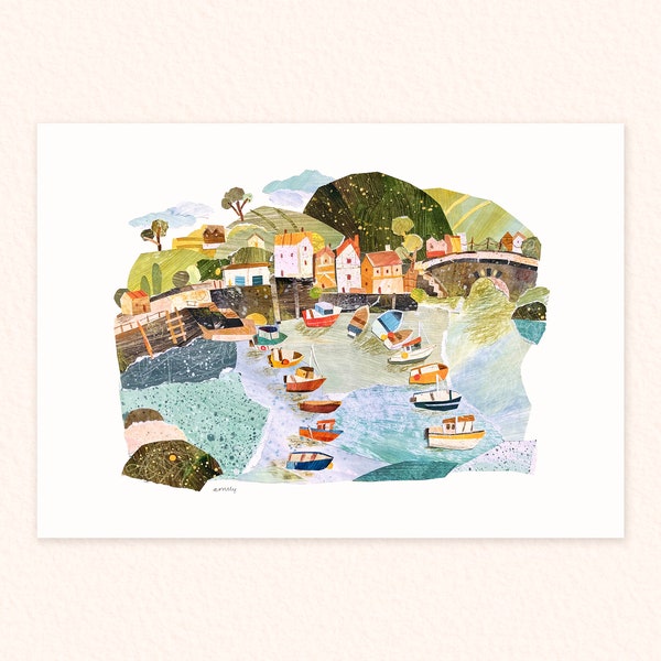 A4 Collaged Harbour Landscape Print, Cute A4 Print