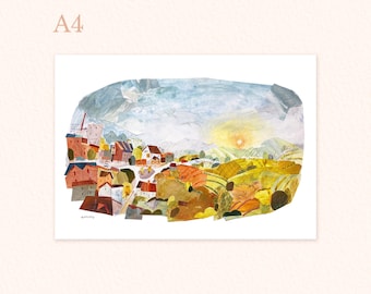 A4 Countryside Landscape Collage, Collage Print