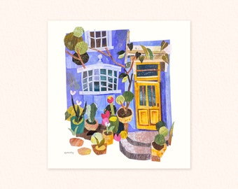 Square Blue Cottage Collage Print, Cute Cottage Print