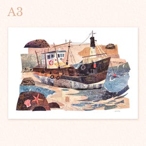May include: A collage-style illustration of a weathered fishing boat with a red life ring and the text "SN 5305" on the side. The boat is surrounded by blue and brown water and sand.