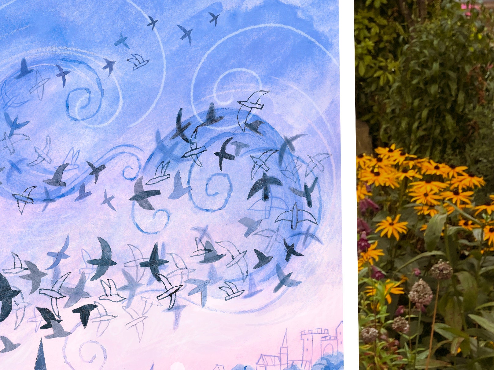 Murmuration Graphics A3 Murmuration Art Print, Collaged Illustration, Flying Birds Above a ...