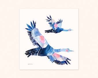 Square Blue bird collage print, art print, flying bird illustration