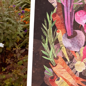 May include: A colorful collage of vegetables, including carrots, beets, and turnips, arranged in a still life composition. The vegetables are depicted in a stylized, abstract manner, with a focus on texture and color.