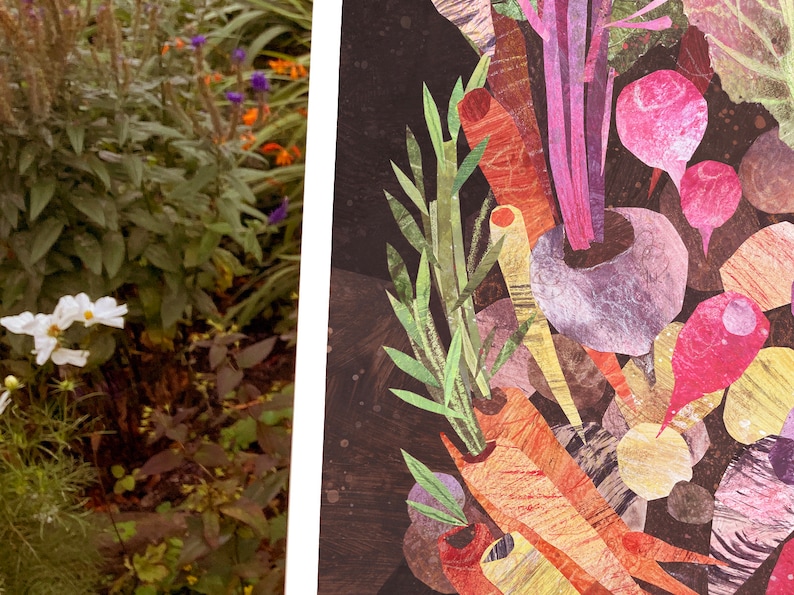 May include: A colorful collage of vegetables, including carrots, beets, and turnips, arranged in a still life composition. The vegetables are depicted in a stylized, abstract manner, with a focus on texture and color.