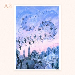 May include: A watercolour painting depicting a city skyline with a flock of birds flying in a swirling pattern against a blue and pink sky.