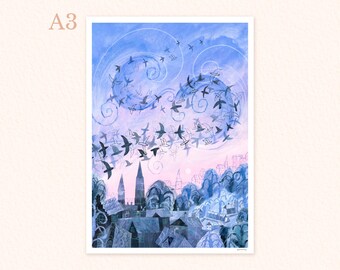 A3 Murmuration konsttryck, collageillustration, flygande fåglar ovanför en stad