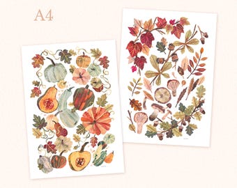 A4 Autumn leaves and pumpkin prints, collaged autumn print
