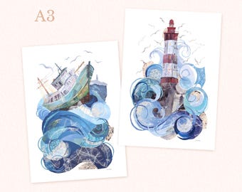 A3 Collaged Ocean waves print set