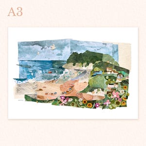 May include: A collage art print depicting a coastal scene with a beach, ocean, and a green hillside with houses. The print has a textured, layered look and includes a variety of colours, including blue, green, brown, and white. The print is titled "A3".
