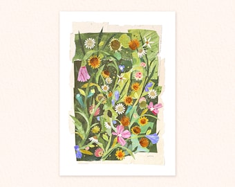 A4 Wild Flower Print, Flower Collage Art, Cute Flower Illustration