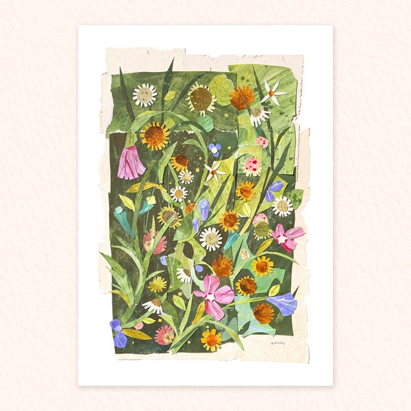 A4 Wild Flower Print, Flower Collage Art, Cute Flower Illustration