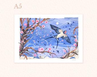 A5 collaged cherry blossom print, Collaged swallow print