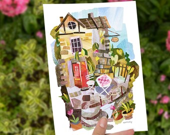 Cute A5 Cottage Print, Collaged Print, Collage art, Cottage Illustration