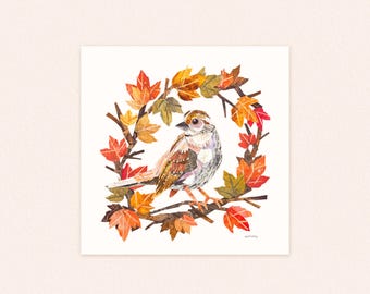 Square autumn bird print, collaged bird print