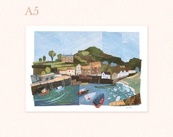 A5 harbour collaged print, Cute collaged seaside print