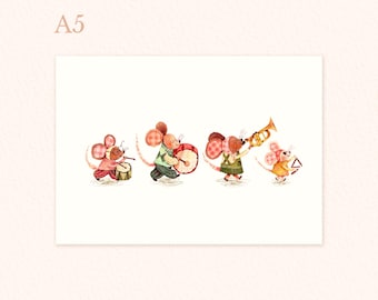 A5 Mouse Print, Cute Mice Marching Band Art, Mouse Painting