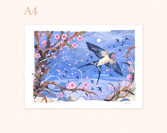 A4 collaged cherry blossom print, Collaged swallow print