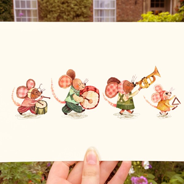 A5 Mouse Print, Cute Mices Marching Band Art, Peinture de souris