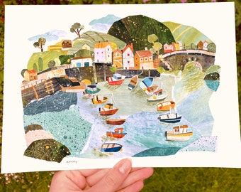 A4 Collaged Harbour Landscape Print, Cute A4 Print